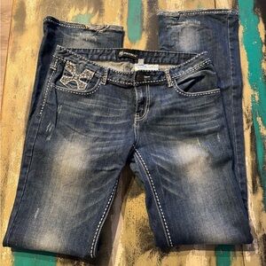 Petrol Distressed Blue Jeans with Embellished Pockets